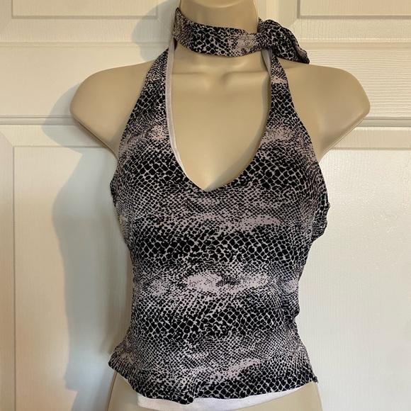 bebe Tops - Bebe Y2K Vintage Snake Print Vneck Halter Top with Scarf White Black Small
